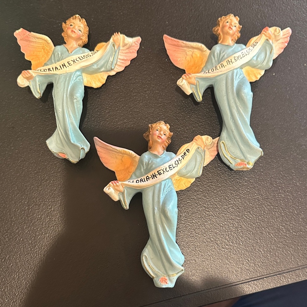 Vintage Set of Three Angel Figurines with Banners stamped Italy 35.